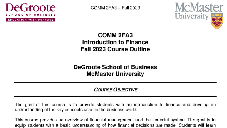 COMM 2FA3 Fall 2023 Course Outline: Introduction to Finance - Studocu