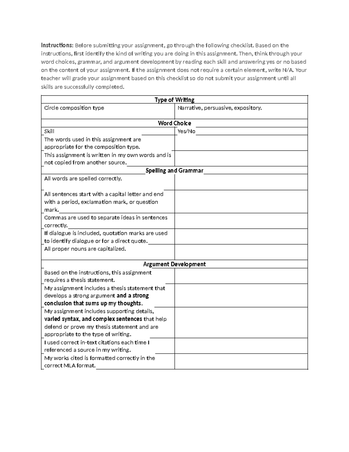 11th-12th Grade Writing Assignment Checklist Instructions - Studocu