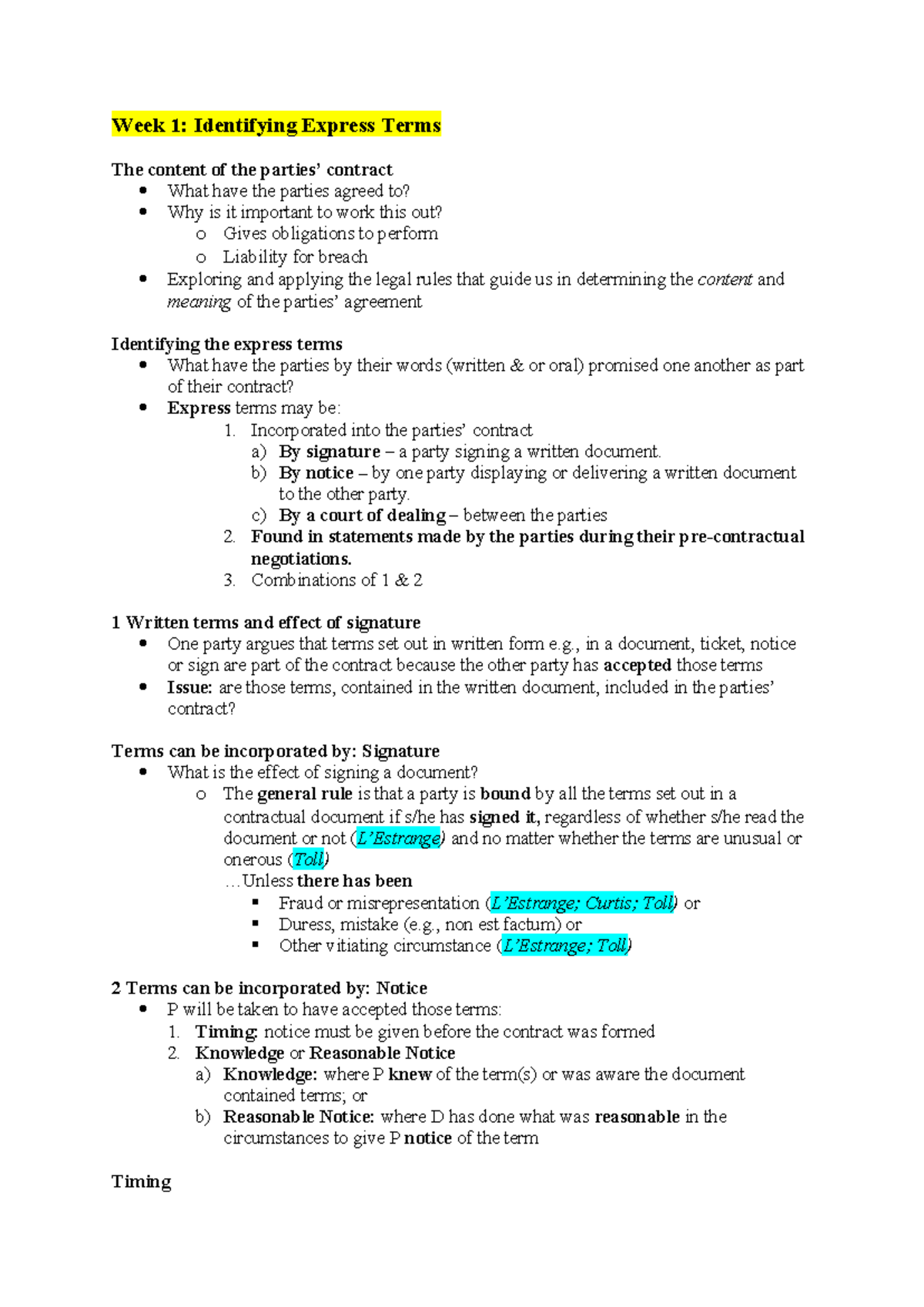 Contract Law B Notes LLB1170: Week 1 - Identifying Express Terms - Studocu