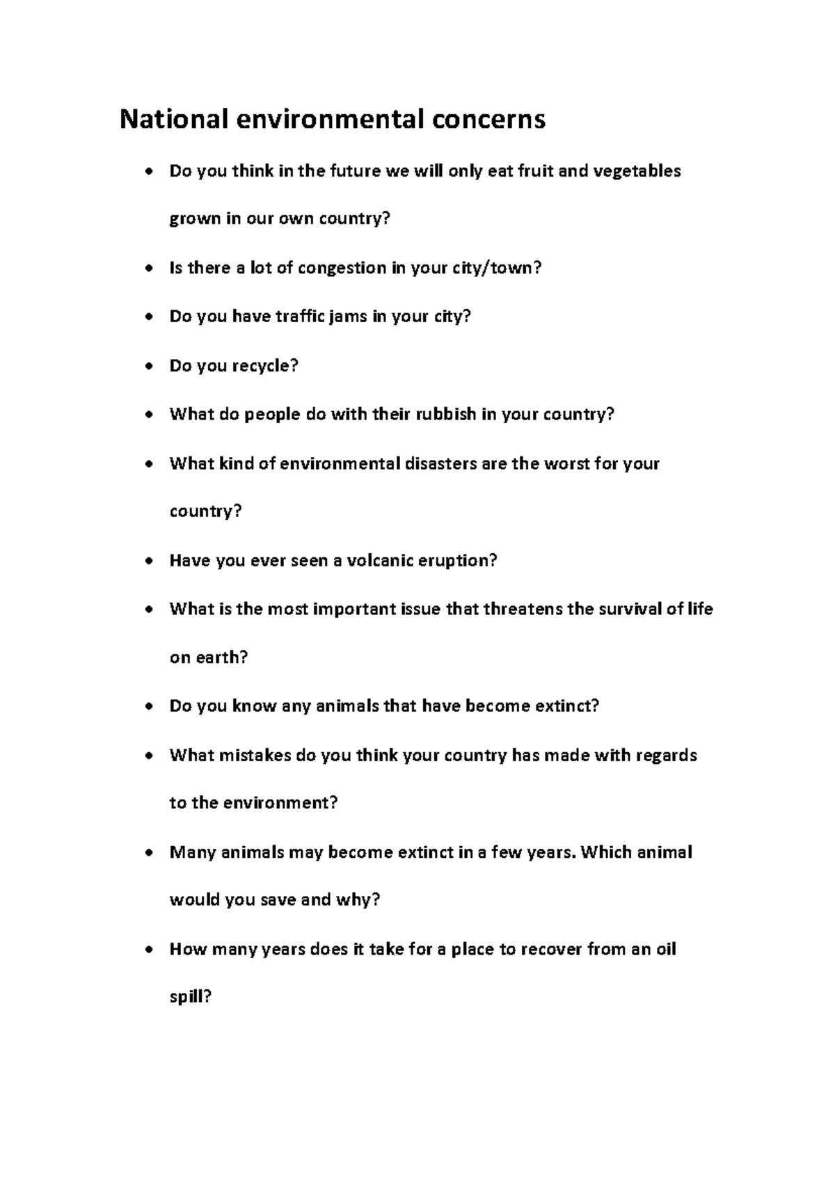 National Environmental Concerns: Compilation of Discussion Questions ...