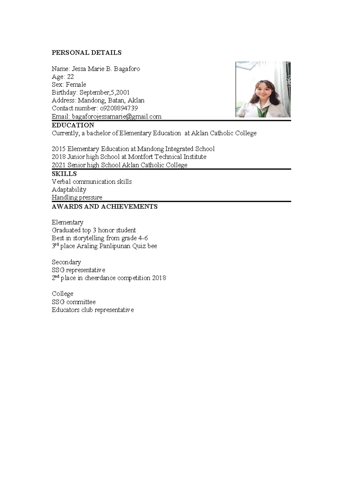 jessa marie b bagaforo academic document