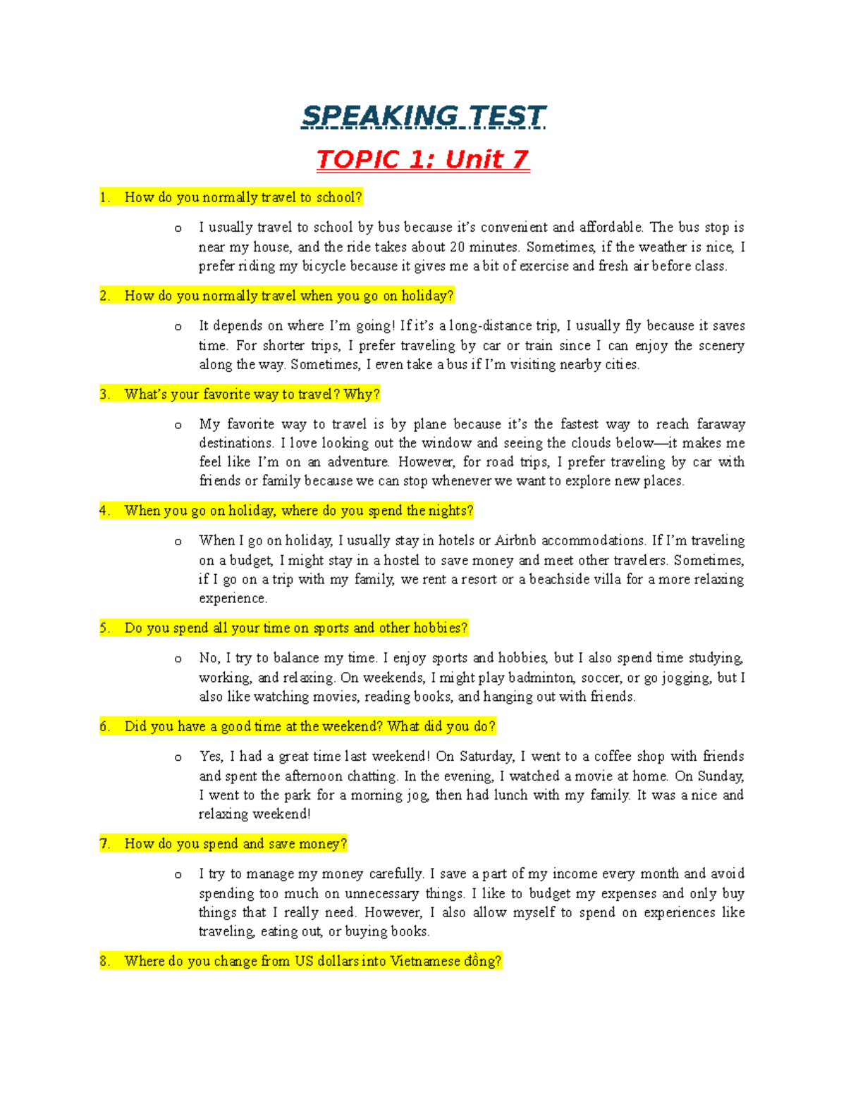 SPEAKING TEST UNIT 7-10: Travel, Clothing, and Subjects - Studocu