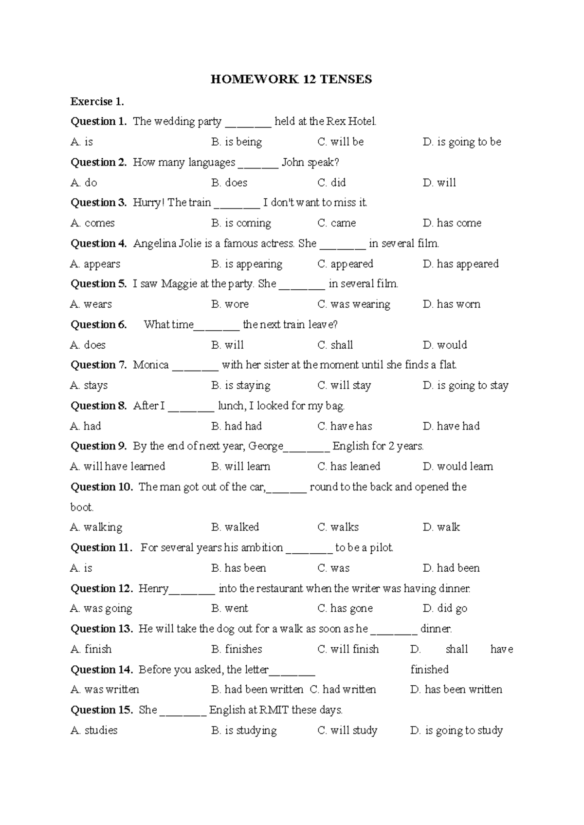 HW 12 TENSES Exercises - IELTS Practice Questions and Answers - Studocu