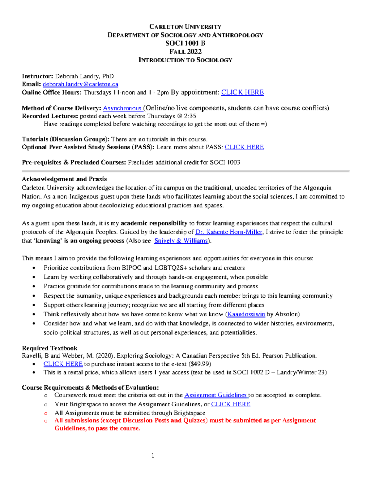 202230 SOCI1001 Course Outline - 1 CARLETON UNIVERSITY DEPARTMENT OF ...