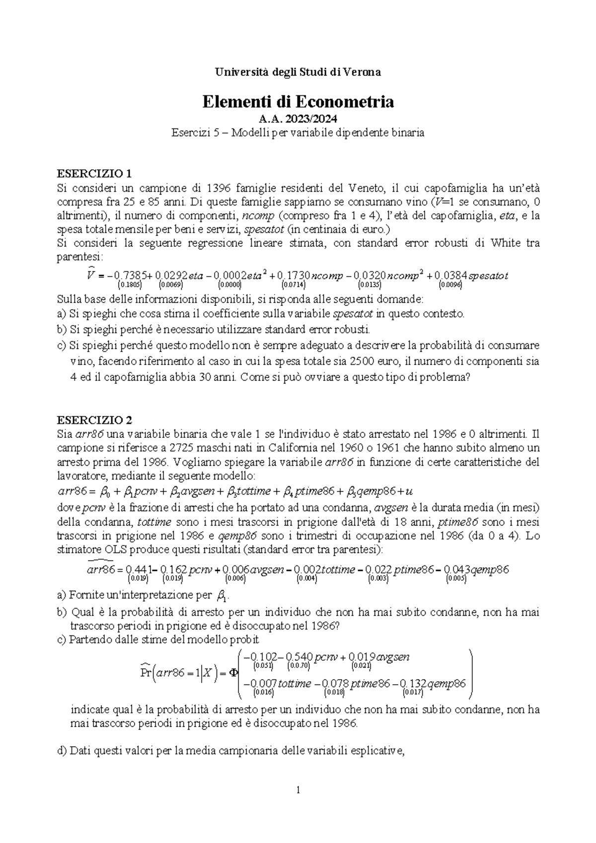 Esercizi di Econometria: Modelli per Variabile Dipendente Binaria A.A ...