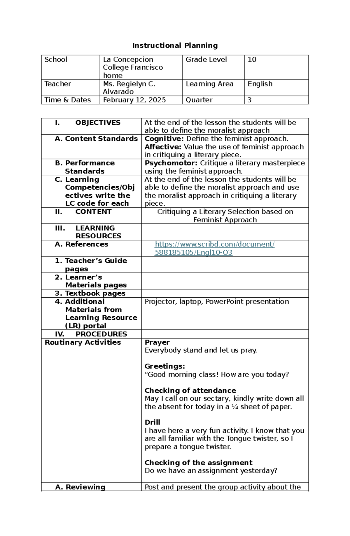 Feminist D - Lesson Plan for Grade 10 English (Quarter 3) - Studocu