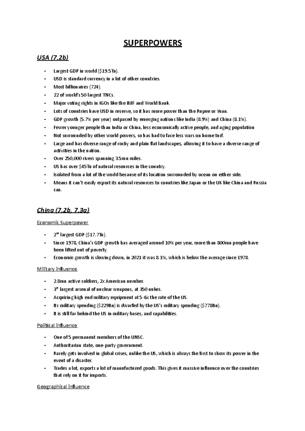 Superpowers Case Studies - Edexcel Overview and Insights - Studocu