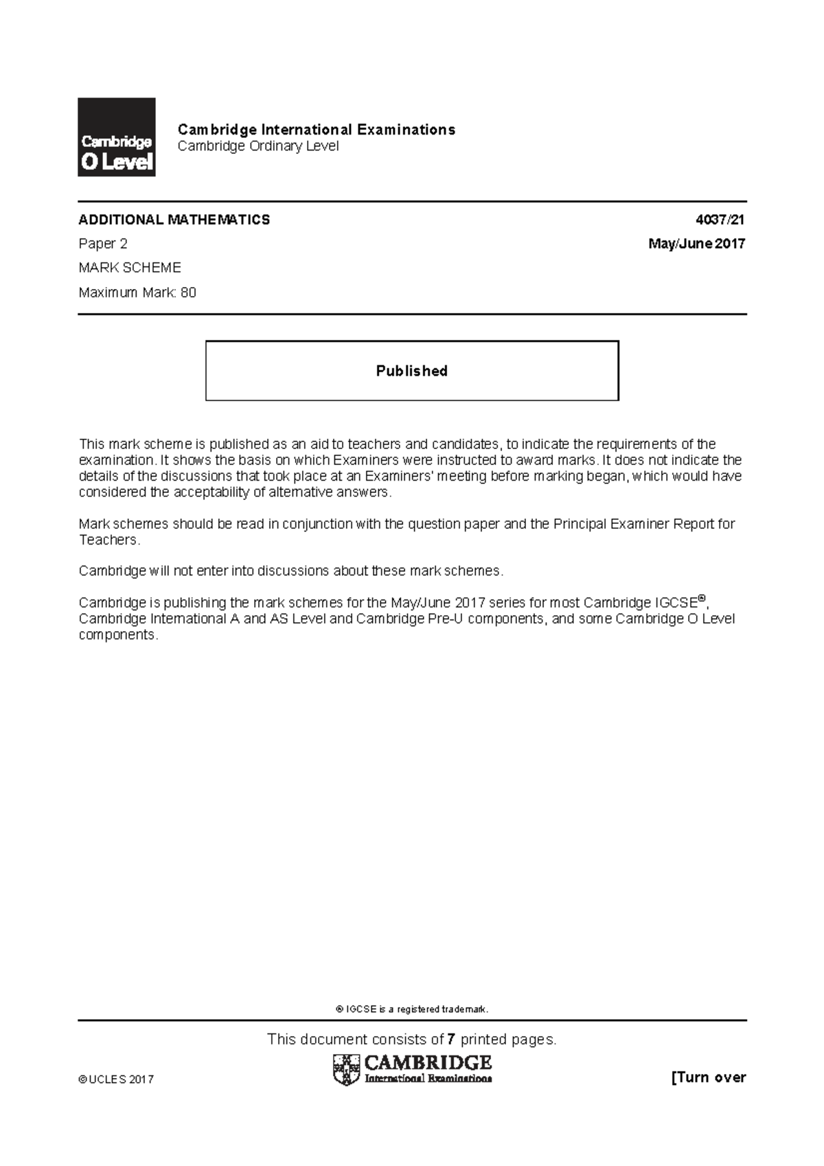 Cambridge O Level Additional Mathematics Paper 2 2017 Mark Scheme - Studocu