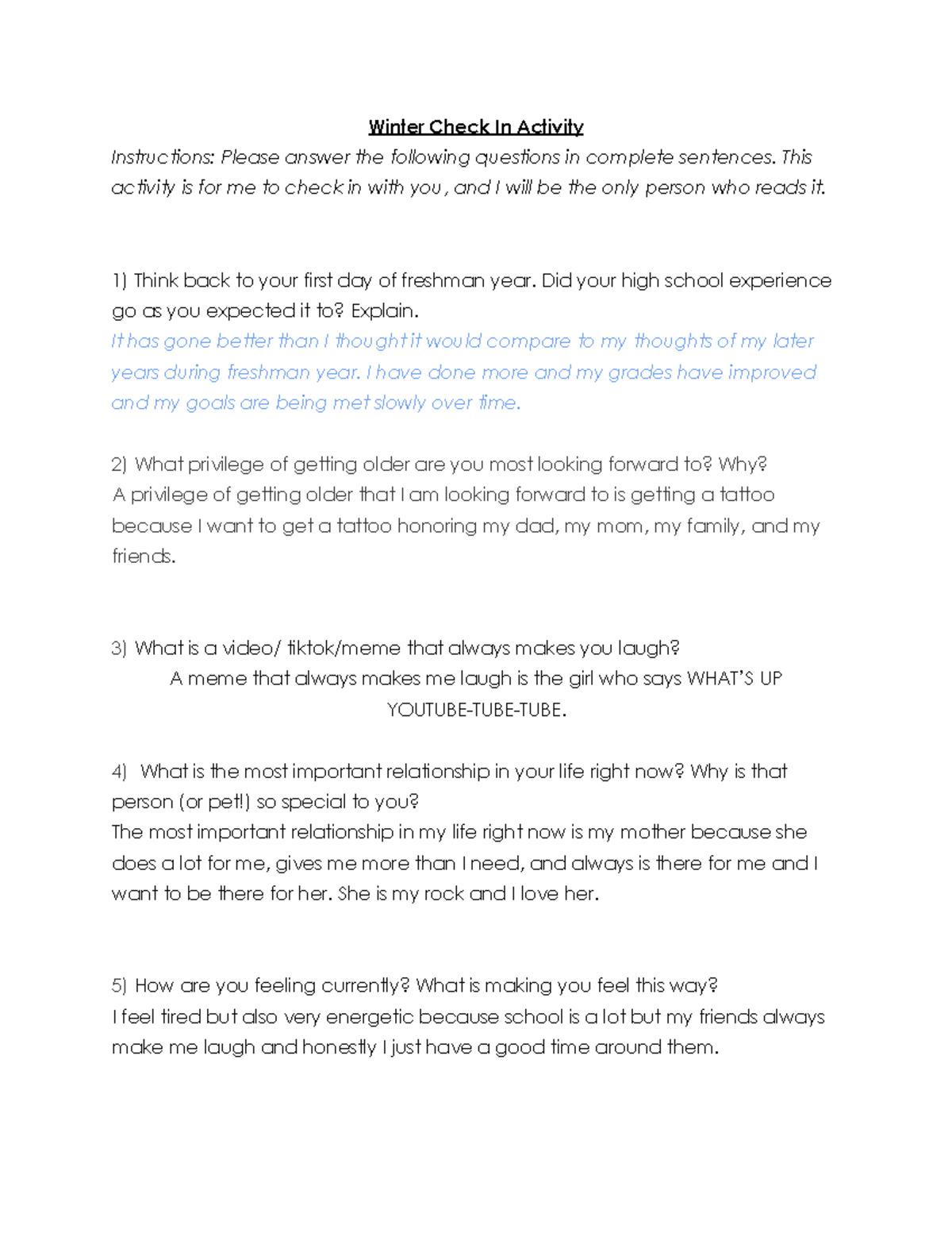 Winter Check-In Activity Instructions: Reflection #1 - Studocu