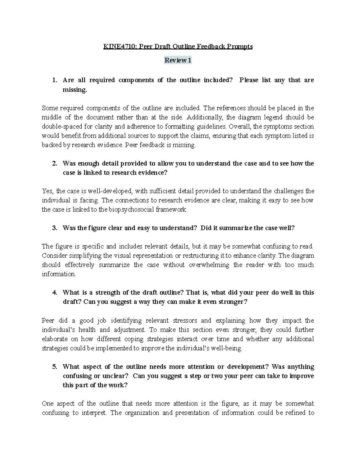KINE4710: Peer Evaluation Notes on Draft Outline Feedback - Studocu