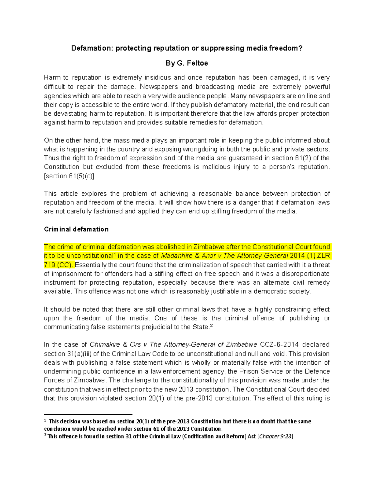 Defamation as a weapon final - Defamation: protecting reputation or ...