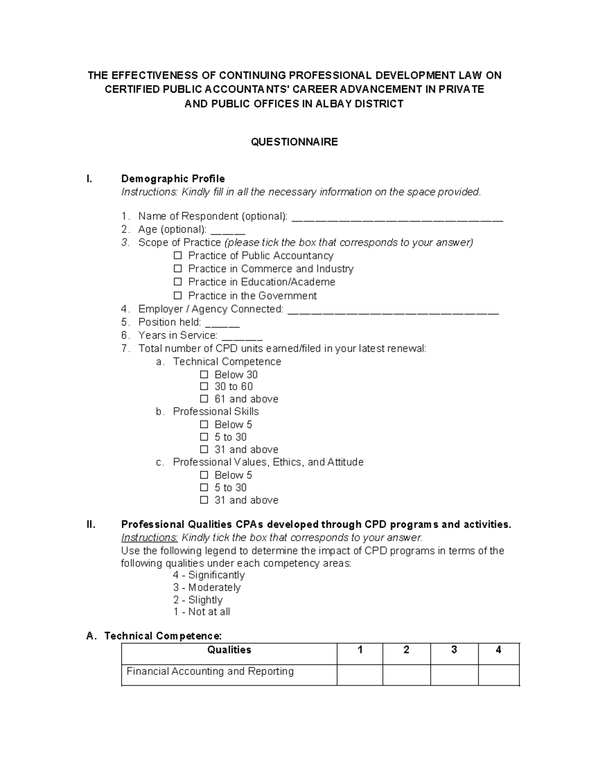 Questionnaire - None - THE EFFECTIVENESS OF CONTINUING PROFESSIONAL ...