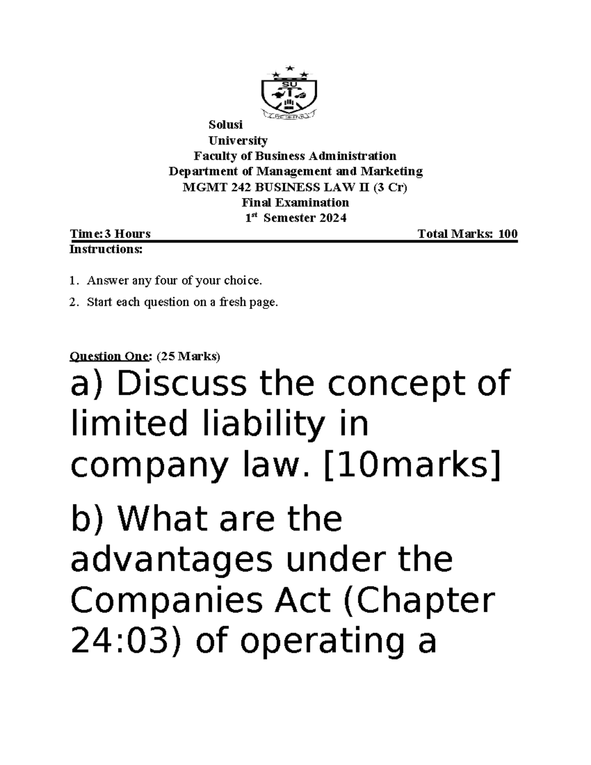 MGMT 242 Business LAW 2 Final Exam end Sem 2023 - Solusi University ...
