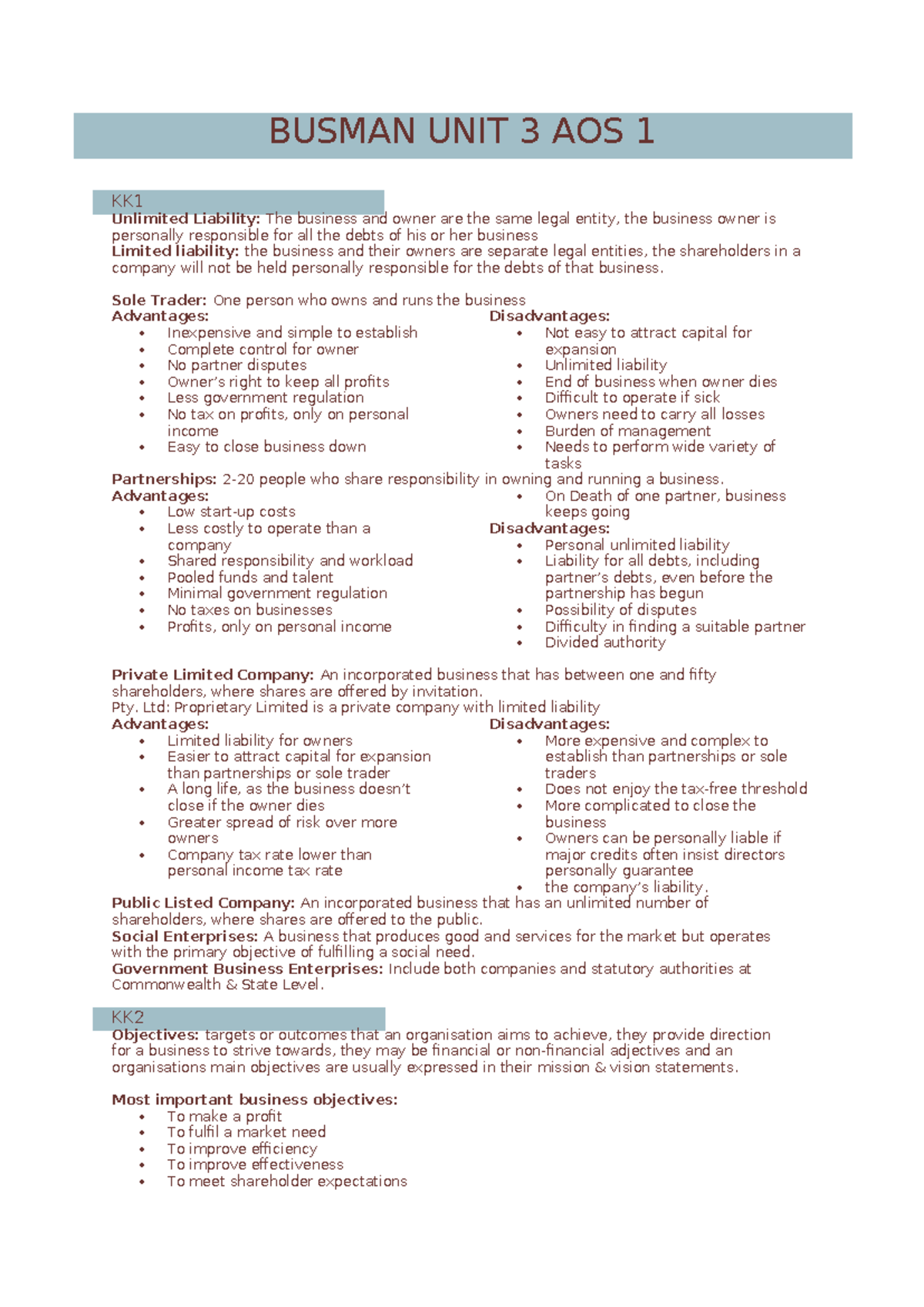 Busman UNIT 3 AOS 1 - Unlimited Liability & Business Structures Study ...