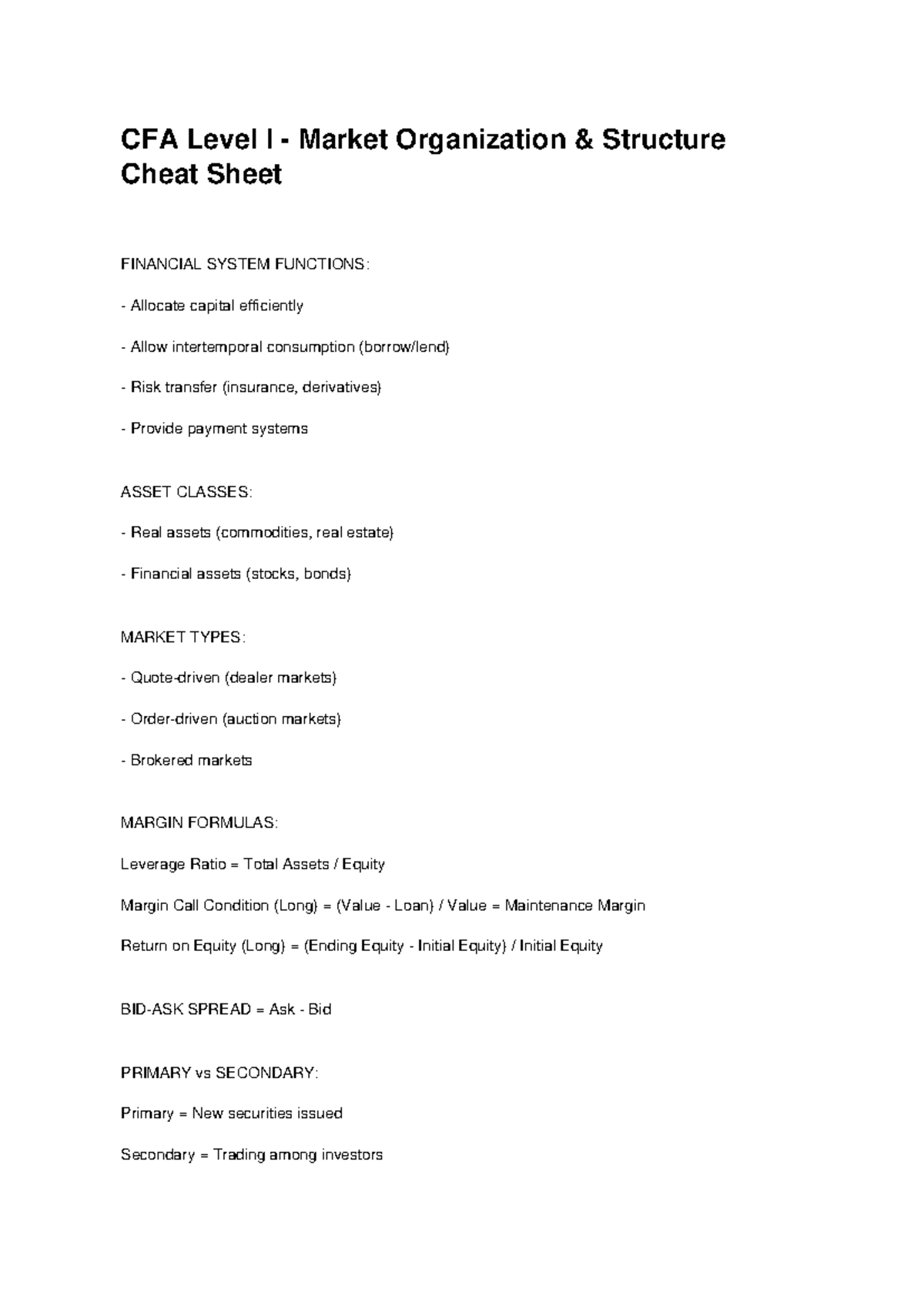 CFA Level 1 Last Minute Cheat Sheet - CFA Level I - Market Organization ...