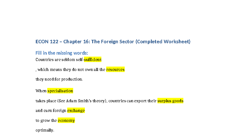ECON 122 Chapter 16: The Foreign Sector Worksheet Summary - Studocu
