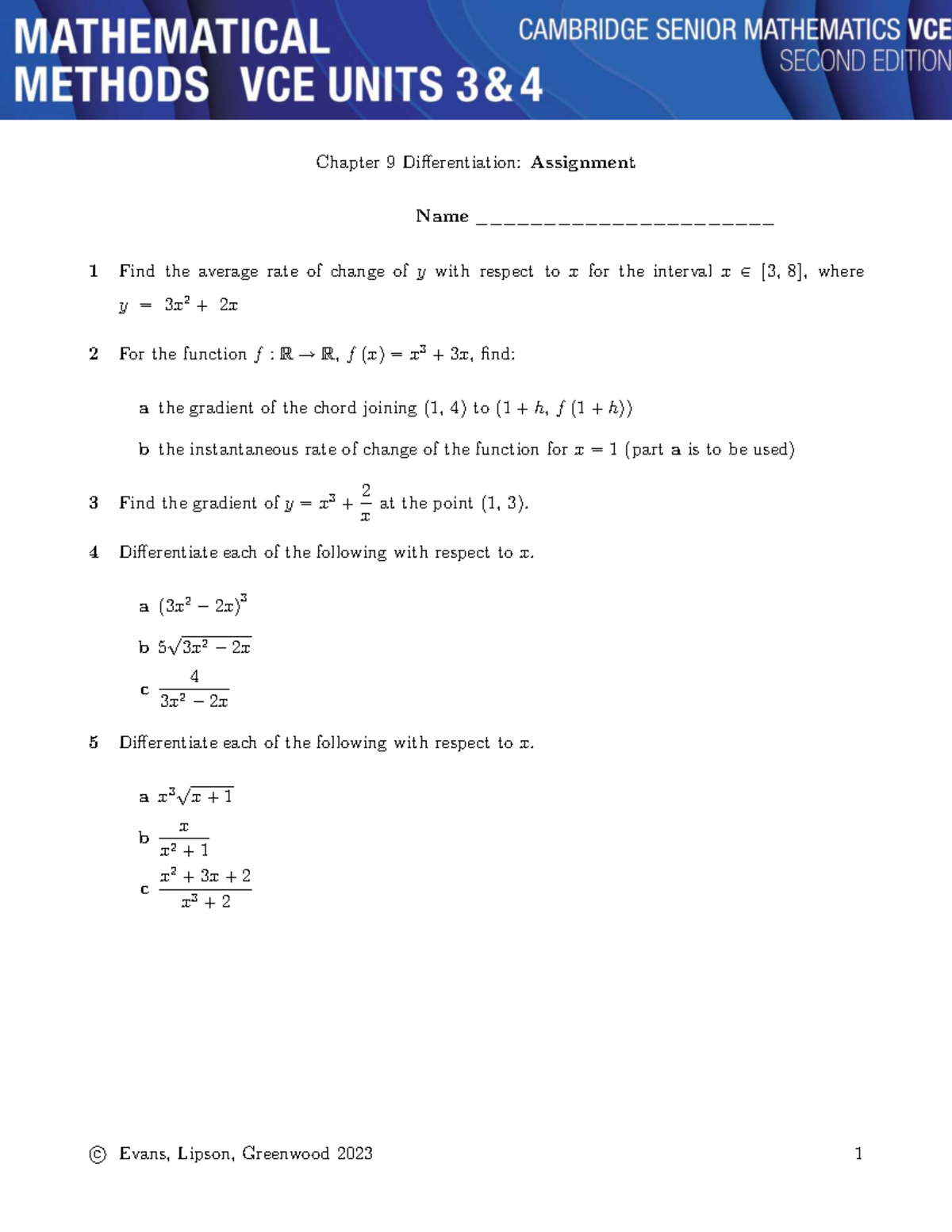 Chapter 9 Differentiation: Assignment 1 Solutions and Answers - Studocu