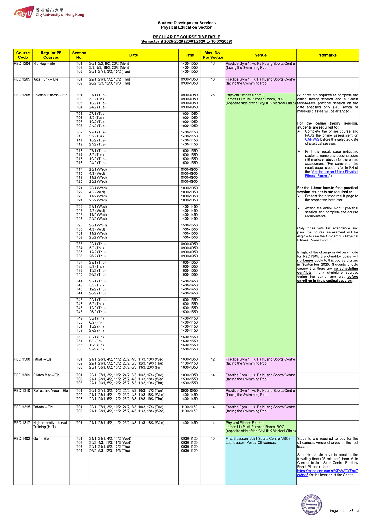 Regular PE Course Timetable Semester B 2025-2026 - Studocu