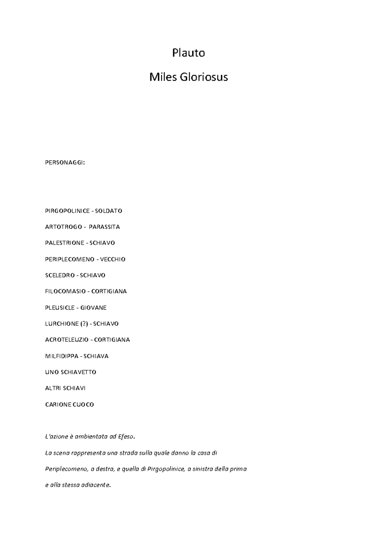 Miles Gloriosus di Plauto: Testo Completo per Traduzione - Studocu