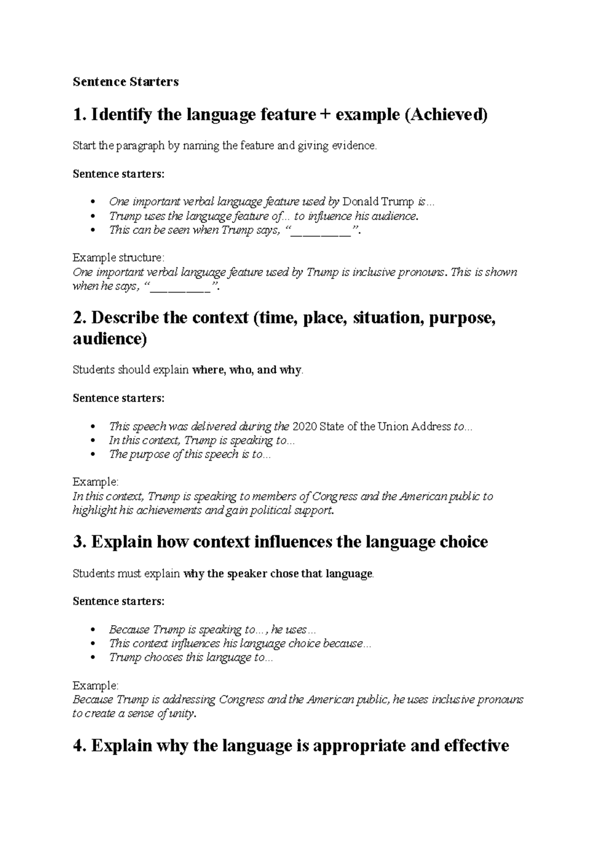 Language Feature Analysis: Sentence Starters for Speech Context - Studocu