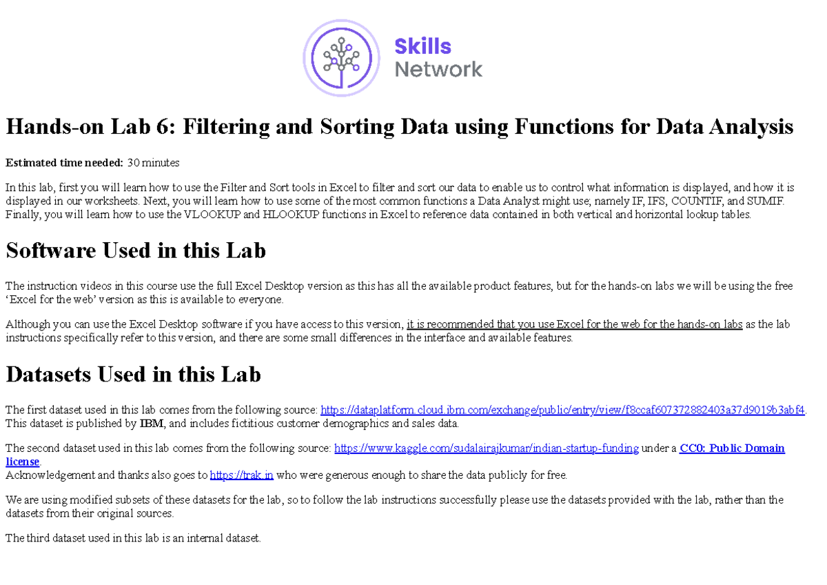 Excel Lab 6: Filtering & Sorting Data with Functions for Analysis - Studocu