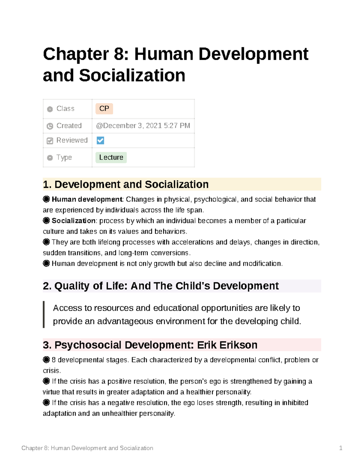 CP Lecture Notes: Chapter 8 on Human Development & Socialization - Studocu