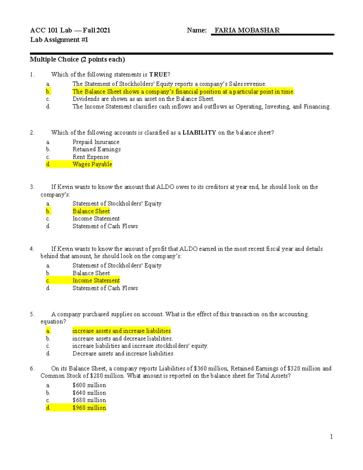 ACC 101 Lab 1 - Solved Answers for Lab Test No. 1 - Studocu