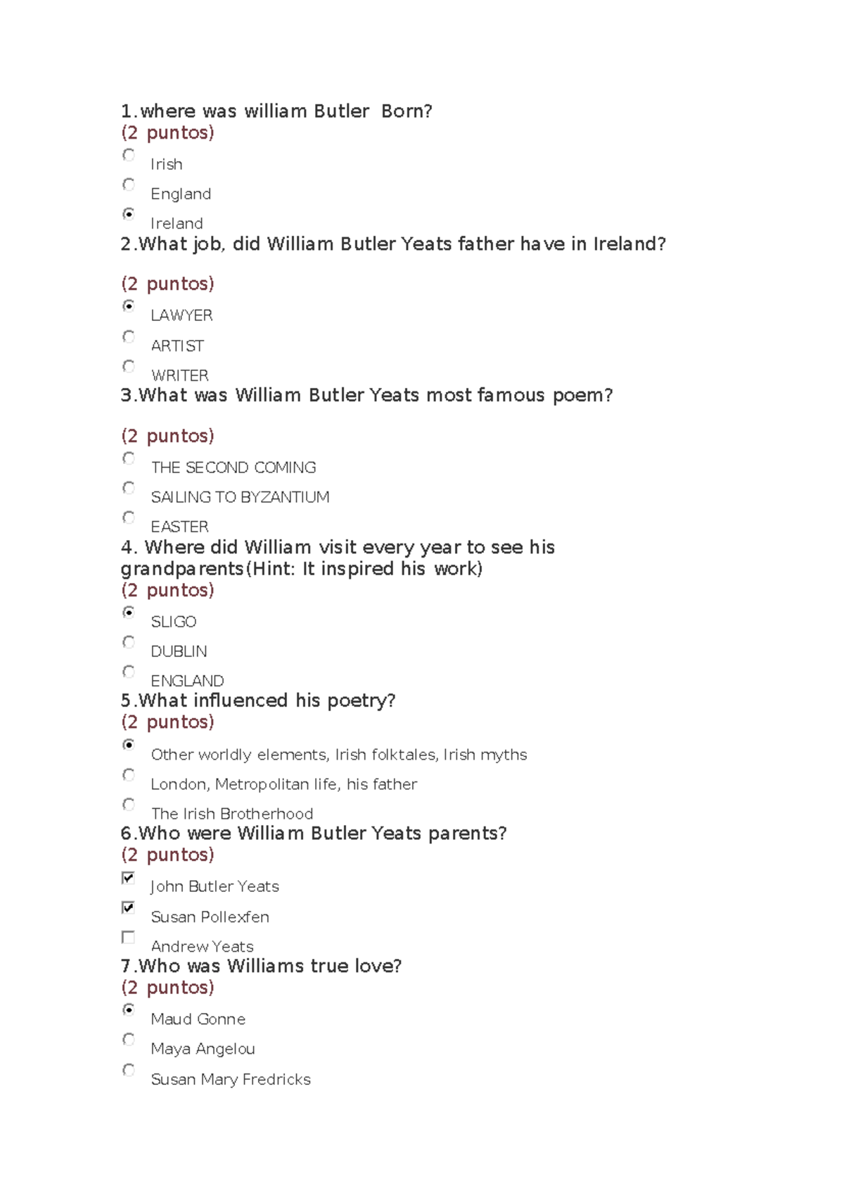 William Butler Yeats: Key Facts & Influences (Quiz) - Studocu