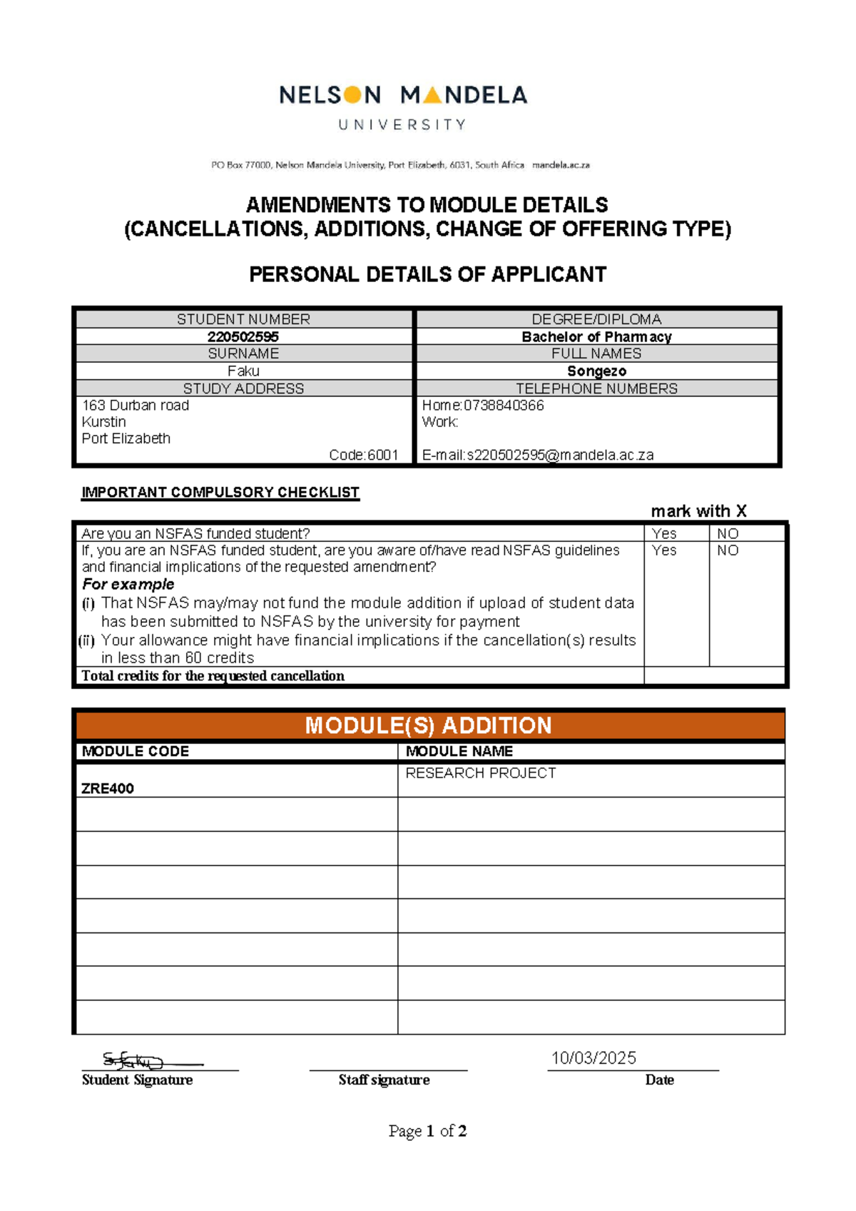 Module Amendment FORM 2025 - Page 1 of 2 AMENDMENTS TO MODULE DETAILS ...