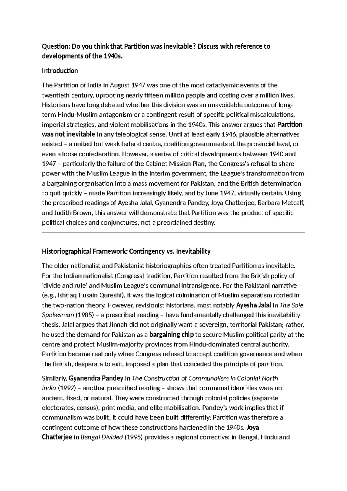 Partition of India: Inevitable or Contingent? A Study of 1940s Developments - Document Preview