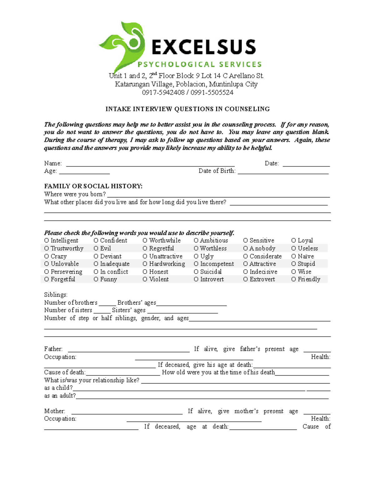 Intake Interview Questions for Counseling: Guide for Clients - Studocu