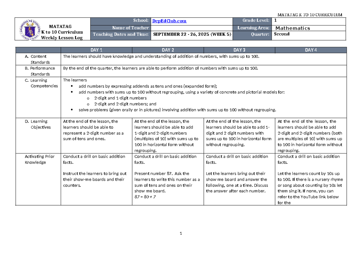 DLL Matatag Mathematics 1 Q2 W5: Weekly Lesson Log on Addition - Studocu