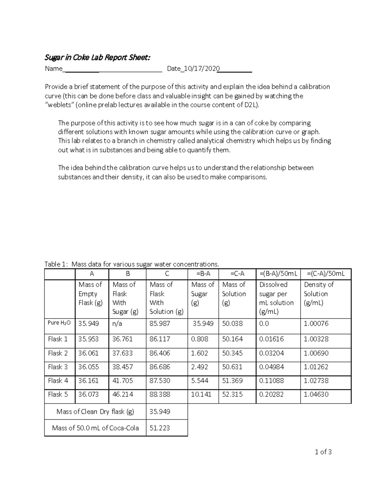 Analytical Chemistry Lab Report: Sugar Content in Coke (CHEM 101) - Studocu