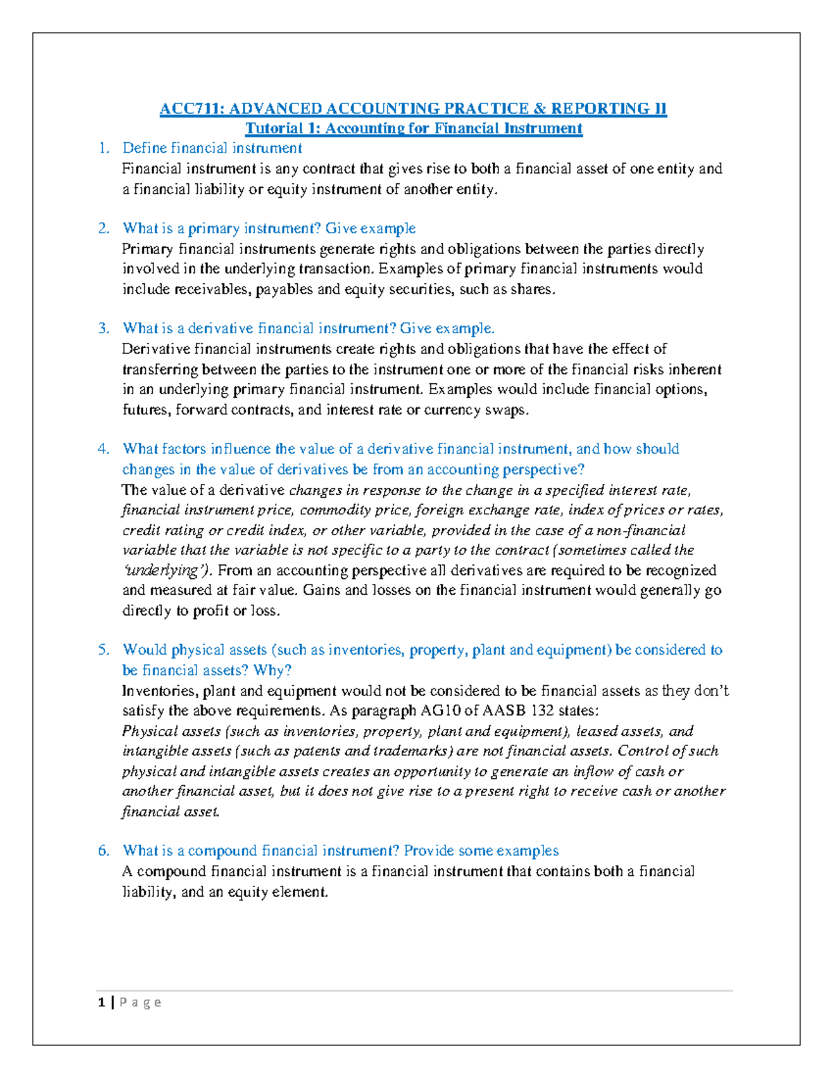 ACC711 Tutorial 1: Financial Instruments Overview and Concepts - Studocu