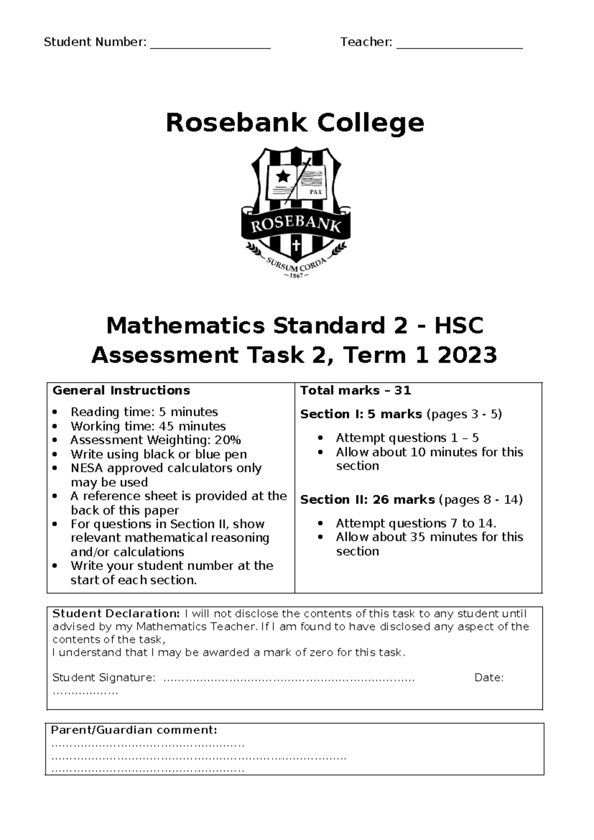 Maths Standard 2 HSC Assessment Task 2 - Term 1 2023 - Studocu