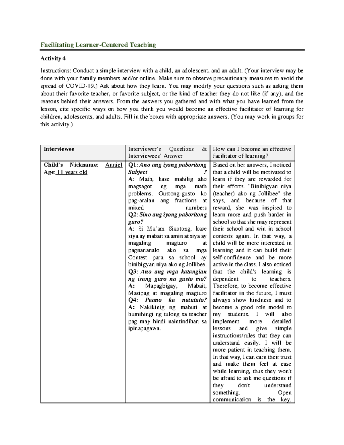 FLCT - Assignment - Facilitating Learner-Centered Teaching Activity 4 ...