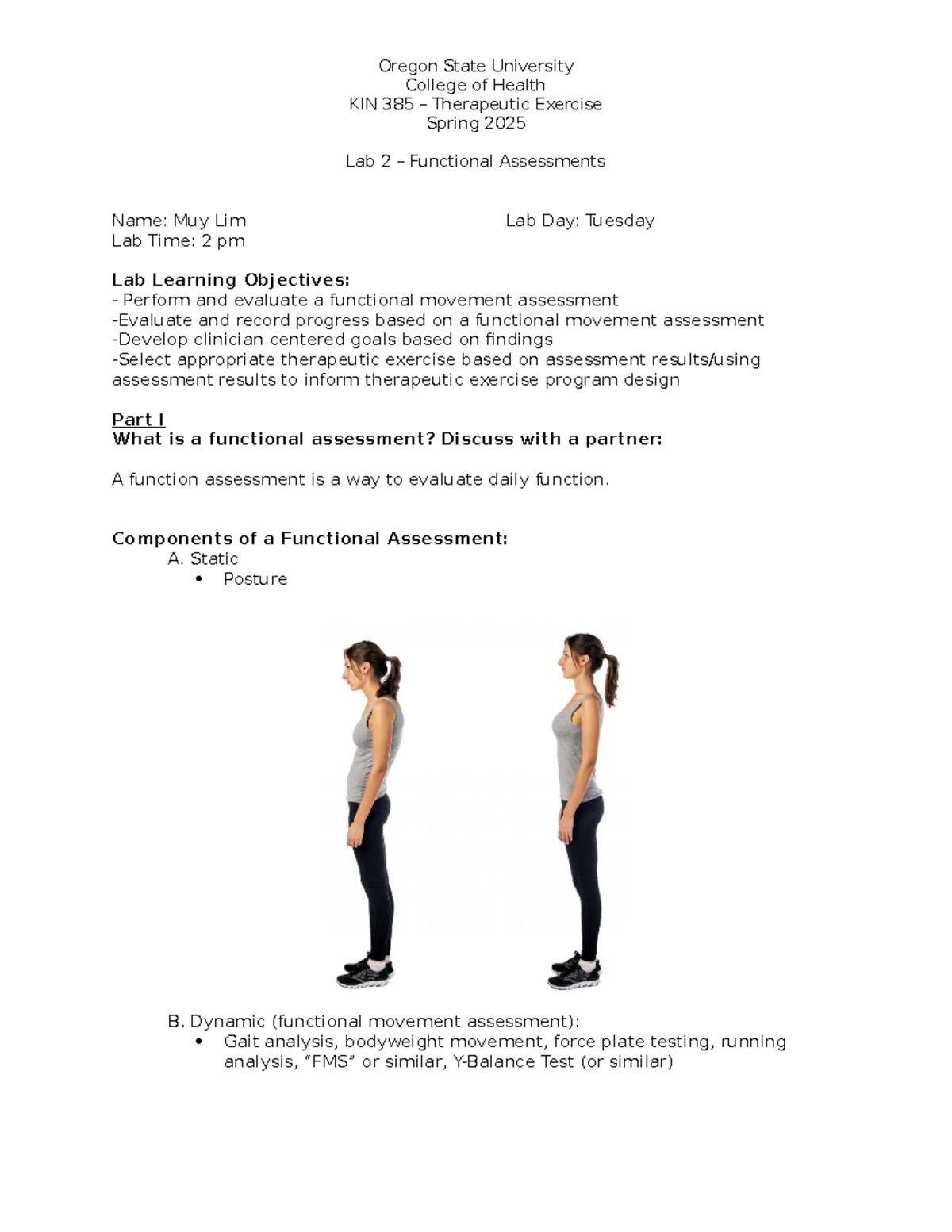 Lab 2: Functional Assessments in KIN 385 - Therapeutic Exercise Spring ...
