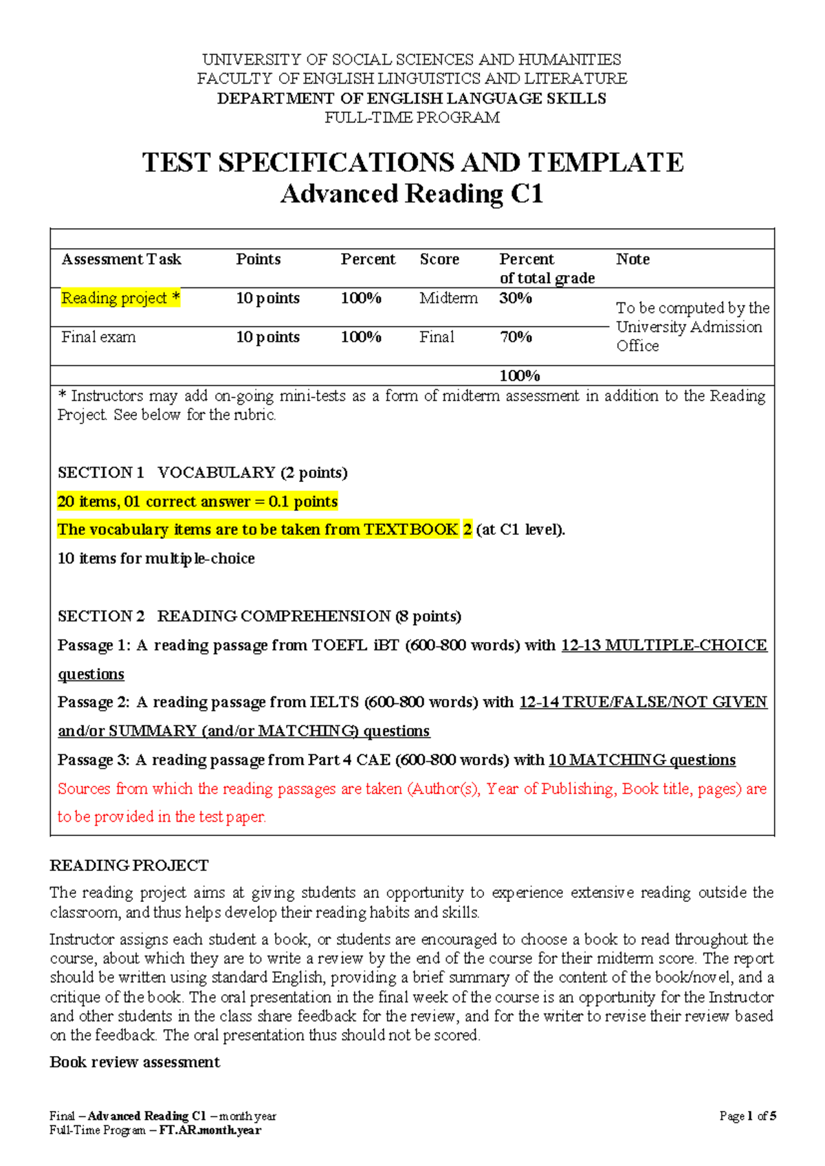 FT Advanced Reading C1 Midterm Test Specifications and Template - Studocu
