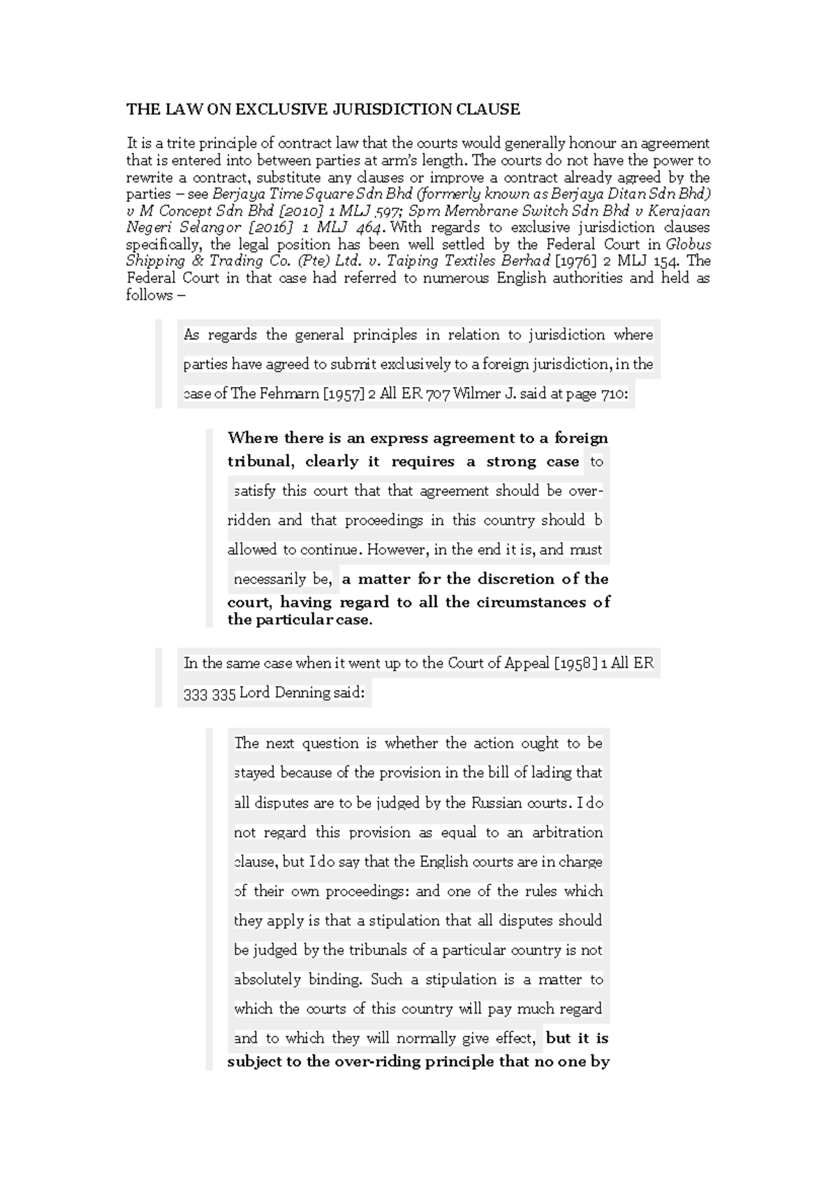 LAW 101: Exclusive Jurisdiction Clause Analysis and Principles - Studocu