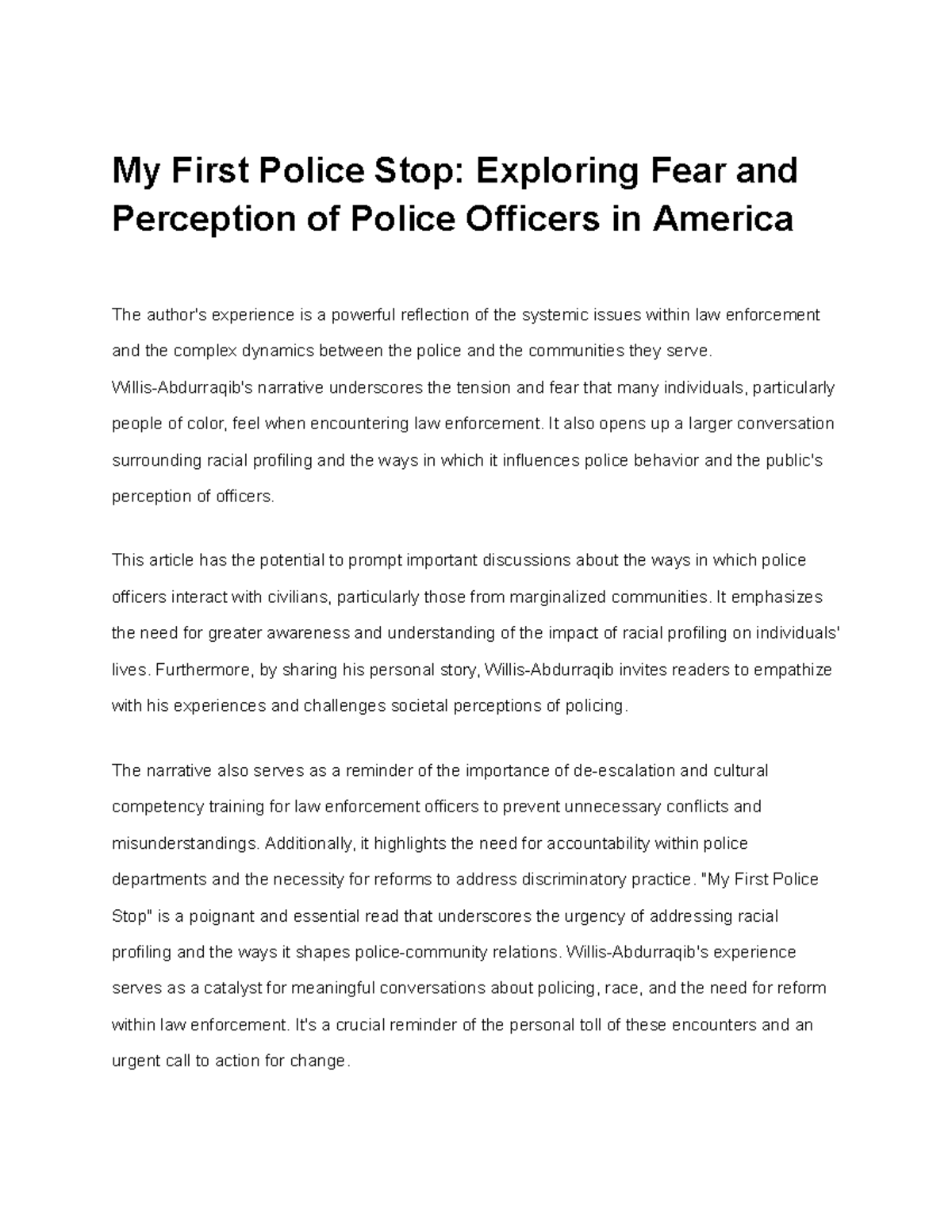 Exploring Fear and Perception of Police in America: A Personal ...
