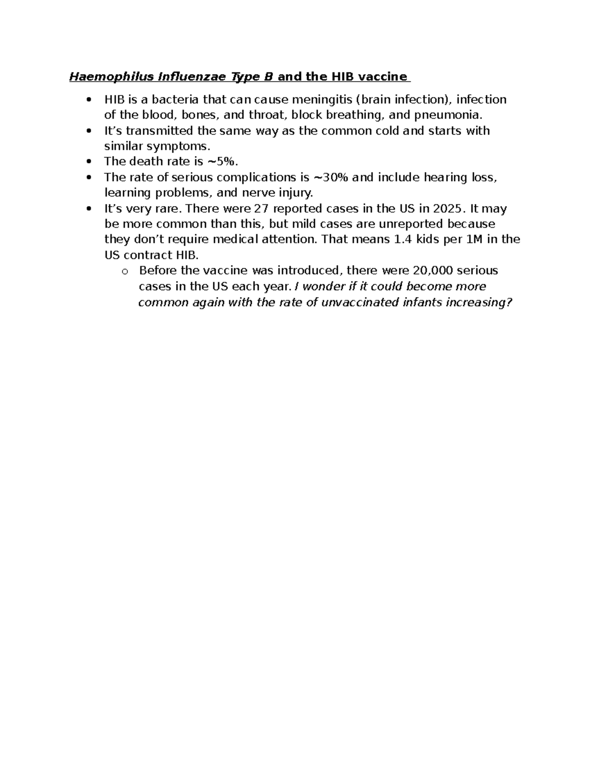 HIB Vaccine and Haemophilus Influenzae Type B Overview - Studocu