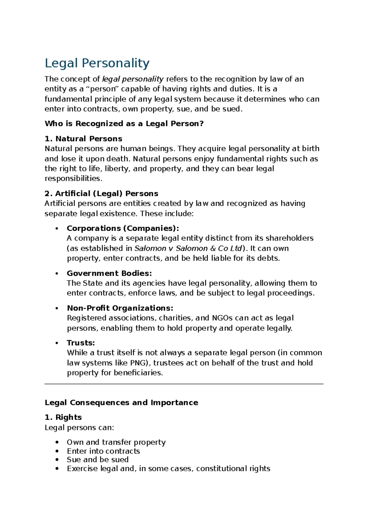 Legal Personality in PNG: Rights, Liabilities, and Implications - Studocu