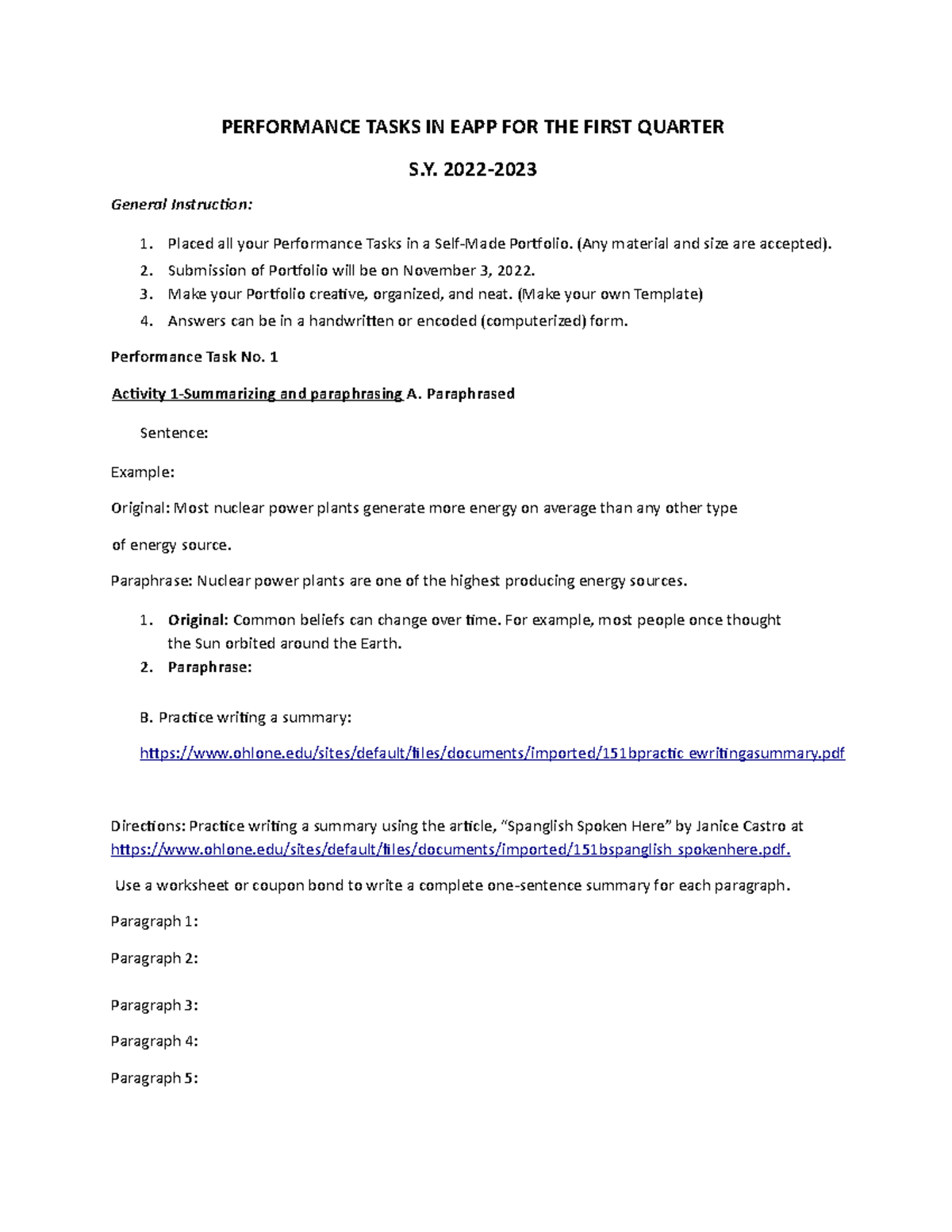 EAPP 1st Quarter Performance Task Portfolio Instructions - Studocu