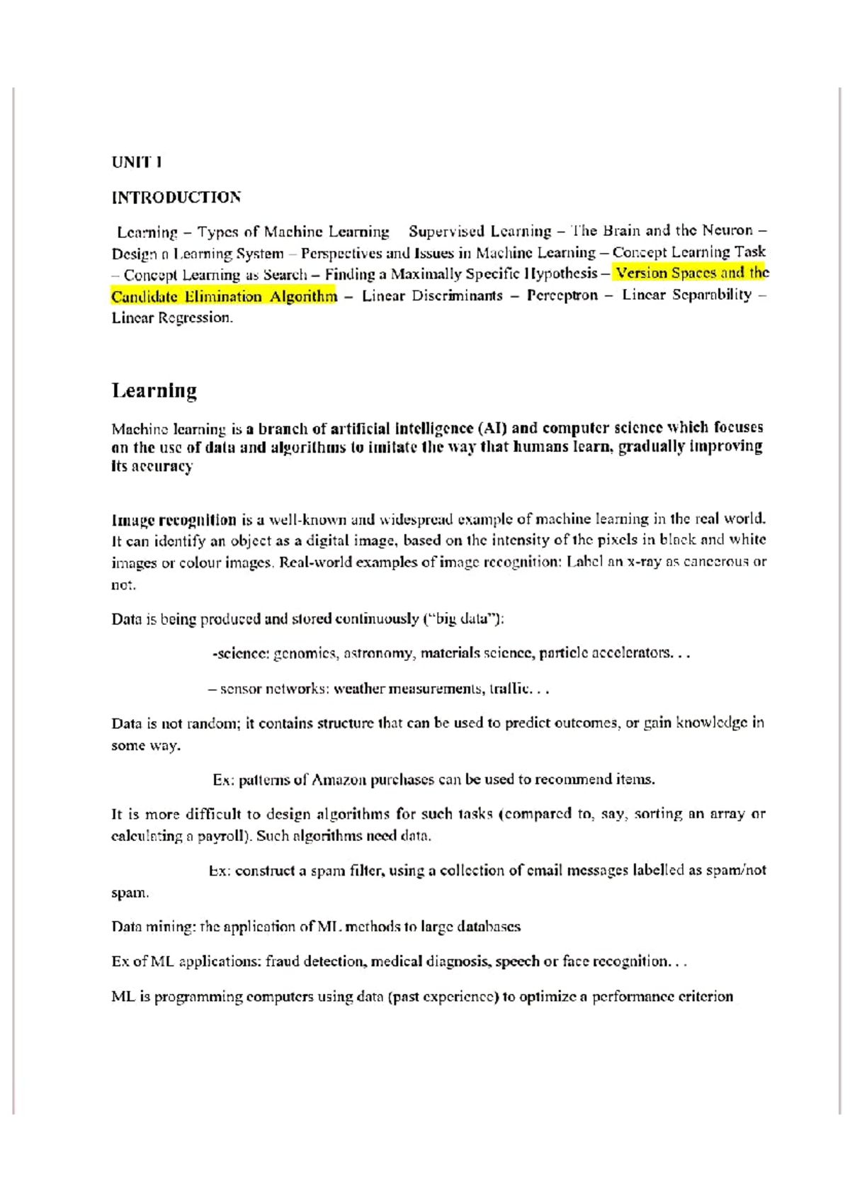 ML UNIT1: Introduction to Machine Learning Concepts and Techniques ...