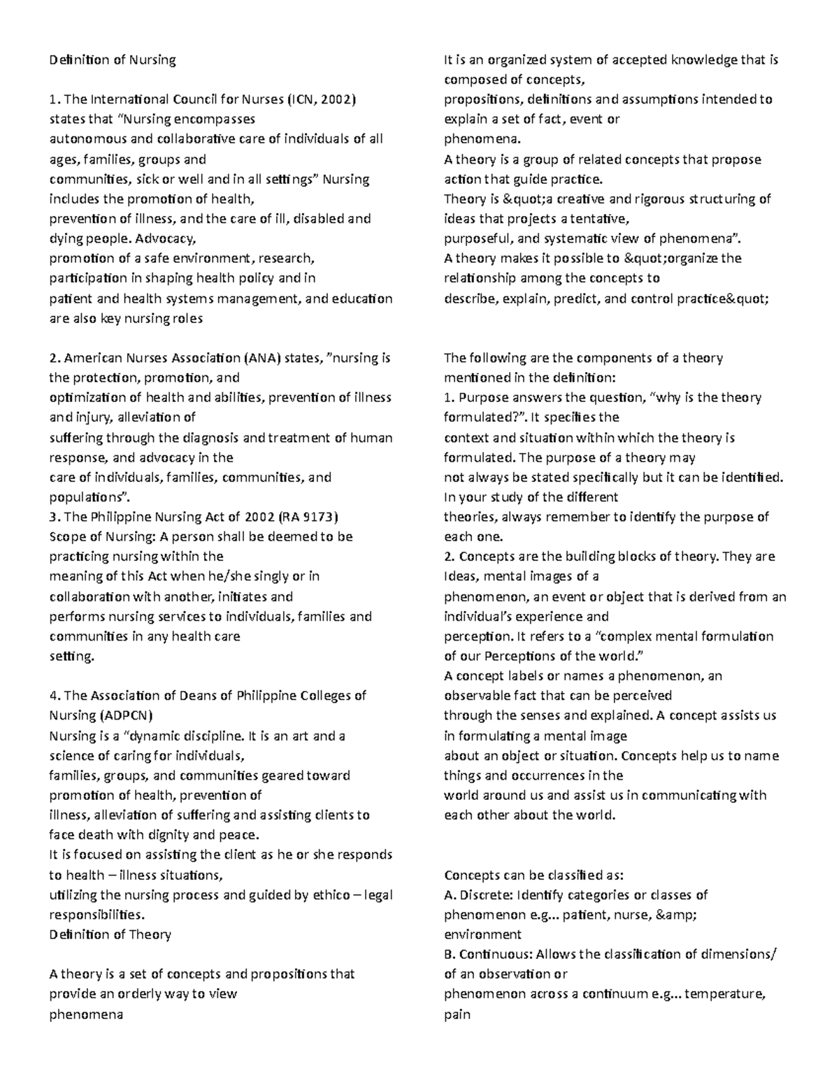 TFN - Theoretical Foundations of Nursing Preliminary Notes - Studocu