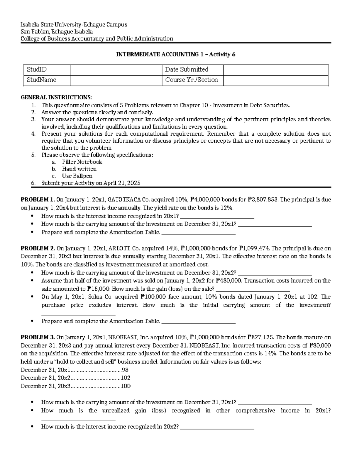 IA 1 Activity: Investment in Debt Securities - Chapter 10 Problems ...
