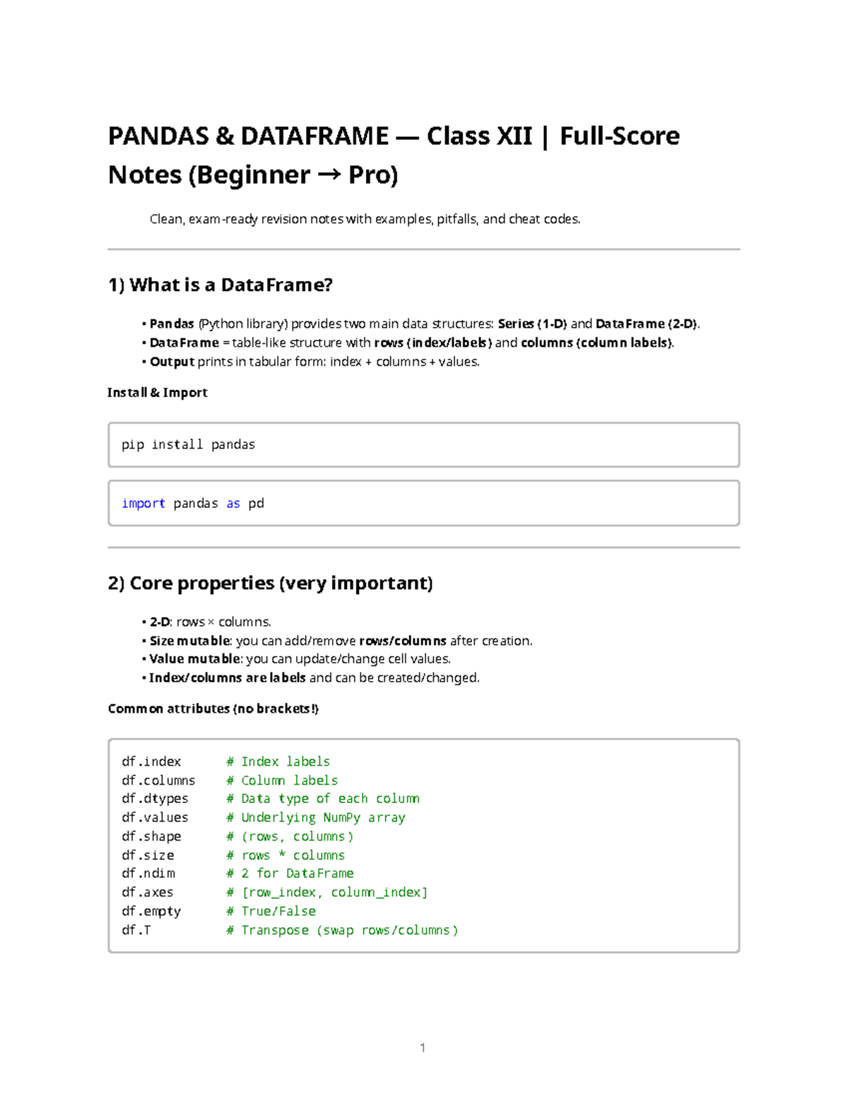 PANDAS DATAFRAME Class XII Full-Score Revision Notes - Studocu