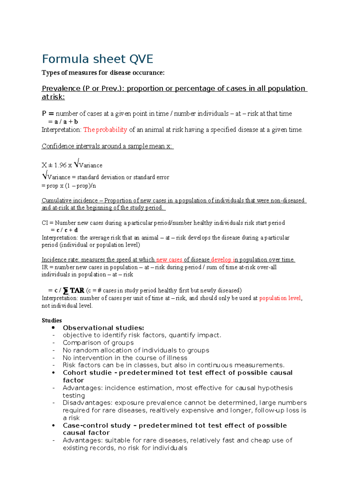 Formula Sheet QVE: Measures of Disease Occurrence and Study Designs ...