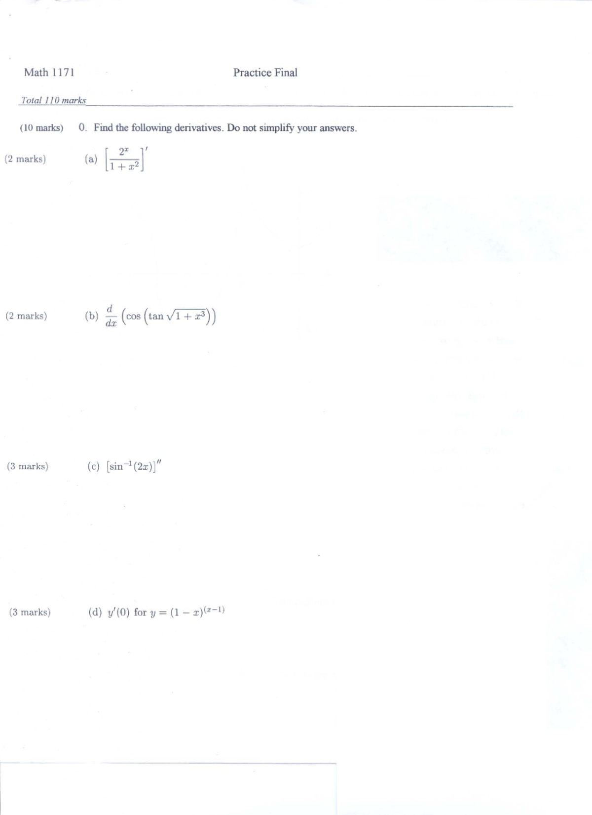 Math 1171 Practice Final Exam with Solutions and Detailed Analysis - Document Preview
