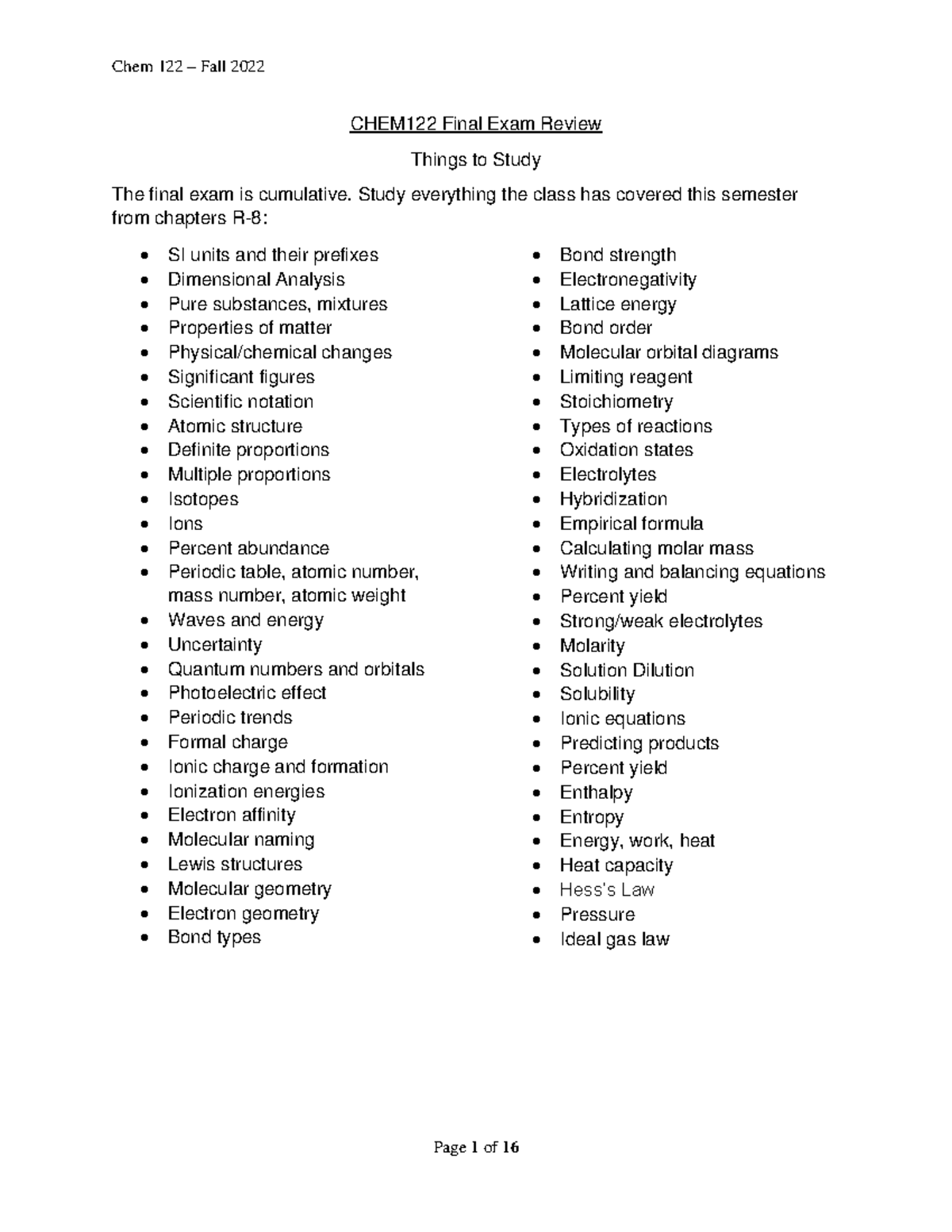 Chem 122 Fall 2022 Final Exam Review Guide - Studocu